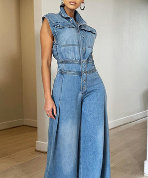 Relaxing Washed Denim Wide Leg Jumpsuit for Effortless Style
