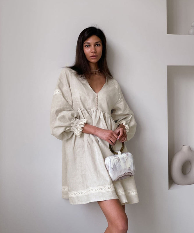 Chic V-Neck Linen Dress with Statement Lantern Sleeves
