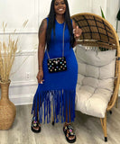Solid Color Sleeveless Fringed Dress in Deep Pink Black Blue