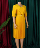 Stylish Large V-Neck Pleated Dress in Vibrant Solid Colors