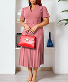 Short Sleeved V Neck Pleated High Waisted Dress in Vibrant Colors