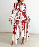 Printed V Neck Long Sleeve Dress with Belt Irregular Pattern