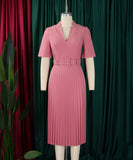 Short Sleeved V Neck Pleated High Waisted Dress in Vibrant Colors