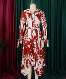 Printed V Neck Long Sleeve Dress with Belt Irregular Pattern