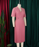 Short Sleeved V Neck Pleated High Waisted Dress in Vibrant Colors