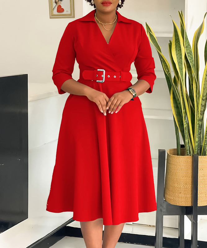 Collared Fashionable Solid Color Long Sleeved Dress With Large Skirt and Belt