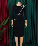 Elegant A-Line Pencil Skirt Dress With Belt in Deep Blue Green Rose Black