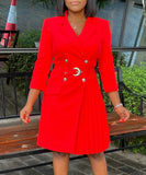 High Waisted Fashionable Pleated Patchwork Mid Length Suit Dress