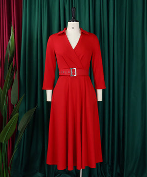 Collared Fashionable Solid Color Long Sleeved Dress With Large Skirt and Belt