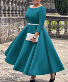 Solid Color A Line Evening Dress Long Sleeve With Belt Available in Pink Green Rose Red White and Black