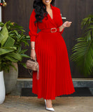 High Waist Pleated Long Sleeve Dress with Lapel and Belt
