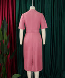 Short Sleeved V Neck Pleated High Waisted Dress in Vibrant Colors