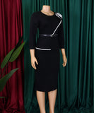Elegant A-Line Pencil Skirt Dress With Belt in Deep Blue Green Rose Black