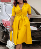 Short Sleeved Suit Style Collar Tie Dress in Solid Color with Belt