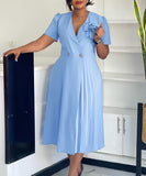 V Neck Short Sleeved Pleated Dress in Solid Fashion Colors