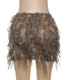 Women's Striped Fringed Short Skirt with Flared Hem