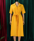 Short Sleeved Suit Style Collar Tie Dress in Solid Color with Belt