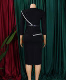 Elegant A-Line Pencil Skirt Dress With Belt in Deep Blue Green Rose Black