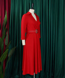 Collared Fashionable Solid Color Long Sleeved Dress With Large Skirt and Belt