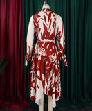 Printed V Neck Long Sleeve Dress with Belt Irregular Pattern