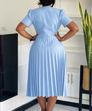 V Neck Short Sleeved Pleated Dress in Solid Fashion Colors