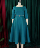 Solid Color A Line Evening Dress Long Sleeve With Belt Available in Pink Green Rose Red White and Black