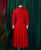 Collared Fashionable Solid Color Long Sleeved Dress With Large Skirt and Belt