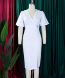 V Neck Puff Sleeve Mermaid Dress With Cinched Waist And High Slit