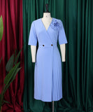 V Neck Short Sleeved Pleated Dress in Solid Fashion Colors