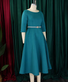 Solid Color A Line Evening Dress Long Sleeve With Belt Available in Pink Green Rose Red White and Black