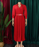 High Waist Pleated Long Sleeve Dress with Lapel and Belt
