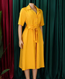 Short Sleeved Suit Style Collar Tie Dress in Solid Color with Belt