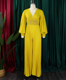 Long-Sleeved Beaded Sexy Wide-Leg Pleated Jumpsuit Glam