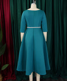 Solid Color A Line Evening Dress Long Sleeve With Belt Available in Pink Green Rose Red White and Black