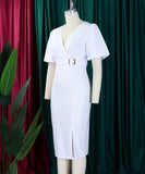 V Neck Puff Sleeve Mermaid Dress With Cinched Waist And High Slit