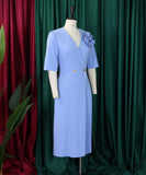 V Neck Short Sleeved Pleated Dress in Solid Fashion Colors