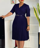 Stylish Large V-Neck Pleated Dress in Vibrant Solid Colors
