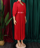High Waist Pleated Long Sleeve Dress with Lapel and Belt