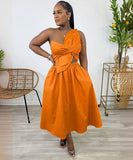 Solid Color One-Shoulder Flower Hollowed Dress for Summer