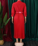 High Waist Pleated Long Sleeve Dress with Lapel and Belt