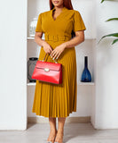 Short Sleeved V Neck Pleated High Waisted Dress in Vibrant Colors