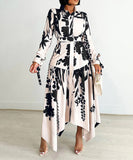 Printed V Neck Long Sleeve Dress with Belt Irregular Pattern