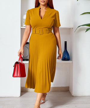Short Sleeved V Neck Pleated High Waisted Dress in Vibrant Colors