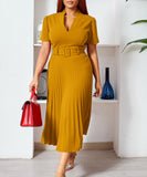 Short Sleeved V Neck Pleated High Waisted Dress in Vibrant Colors
