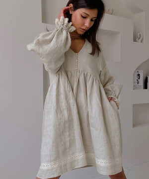 Chic V-Neck Linen Dress with Statement Lantern Sleeves