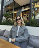 Short Loose Wool Coat Pearl Trim Casual Polyester Gray