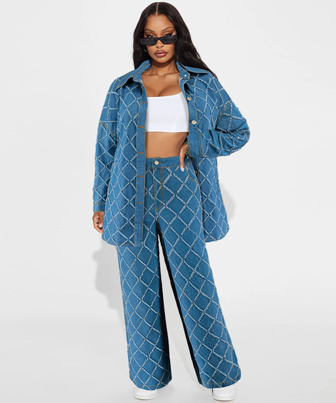 Denim Fringed Checked Cardigan with Stylish Dropped Shoulders