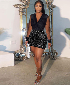 Alluring Sexy Diamond V-Neck Splicing See-Through Dress