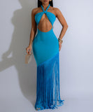 Fringed Sleeveless Long Dress with Flowing Skirt in Black Blue