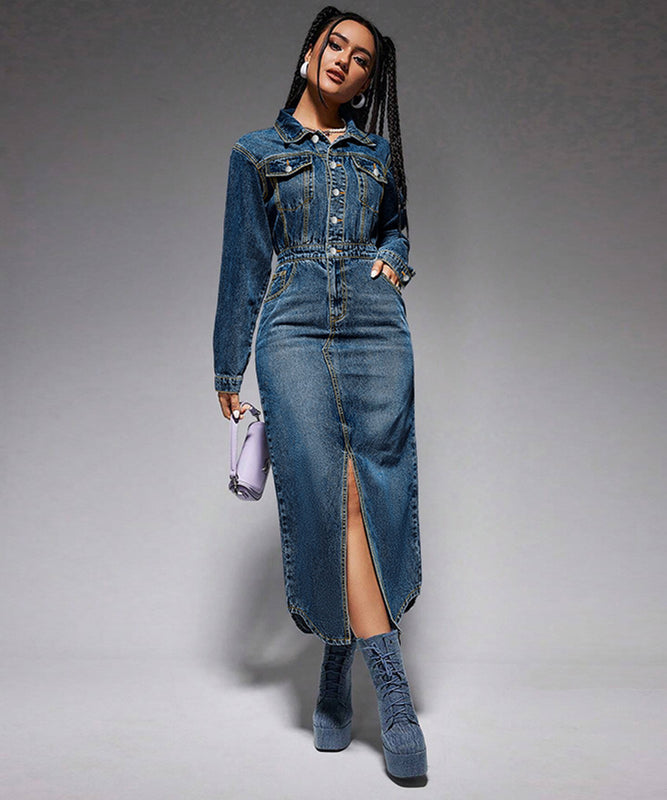 Stylish Denim Long Dress with Slit and Button-Down Collar